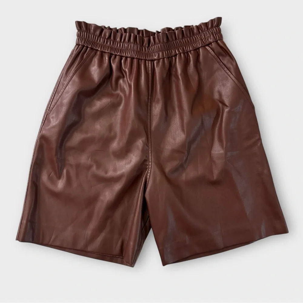Munthe Brown Faux Leather Paperbag Bermuda Shorts FR 38 US 8 High Waisted